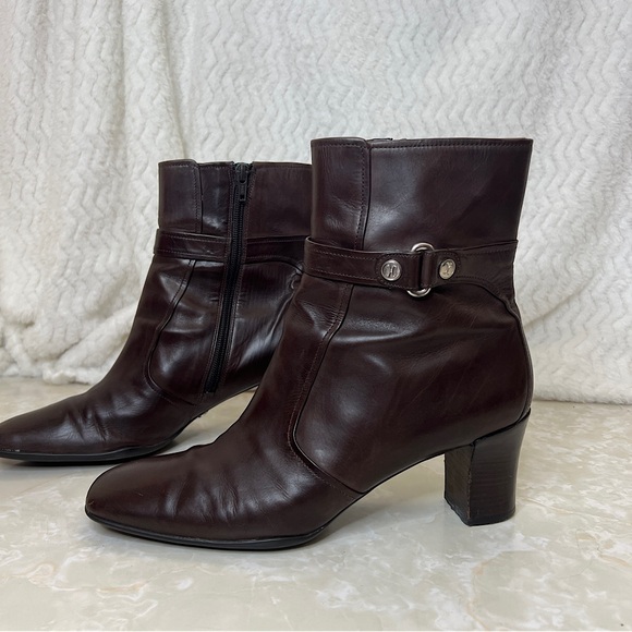 Cole Haan Brown Leather Square Toe 90s Y2K Block Heel Zip Ankle Boots Womens 10 - Picture 1 of 14